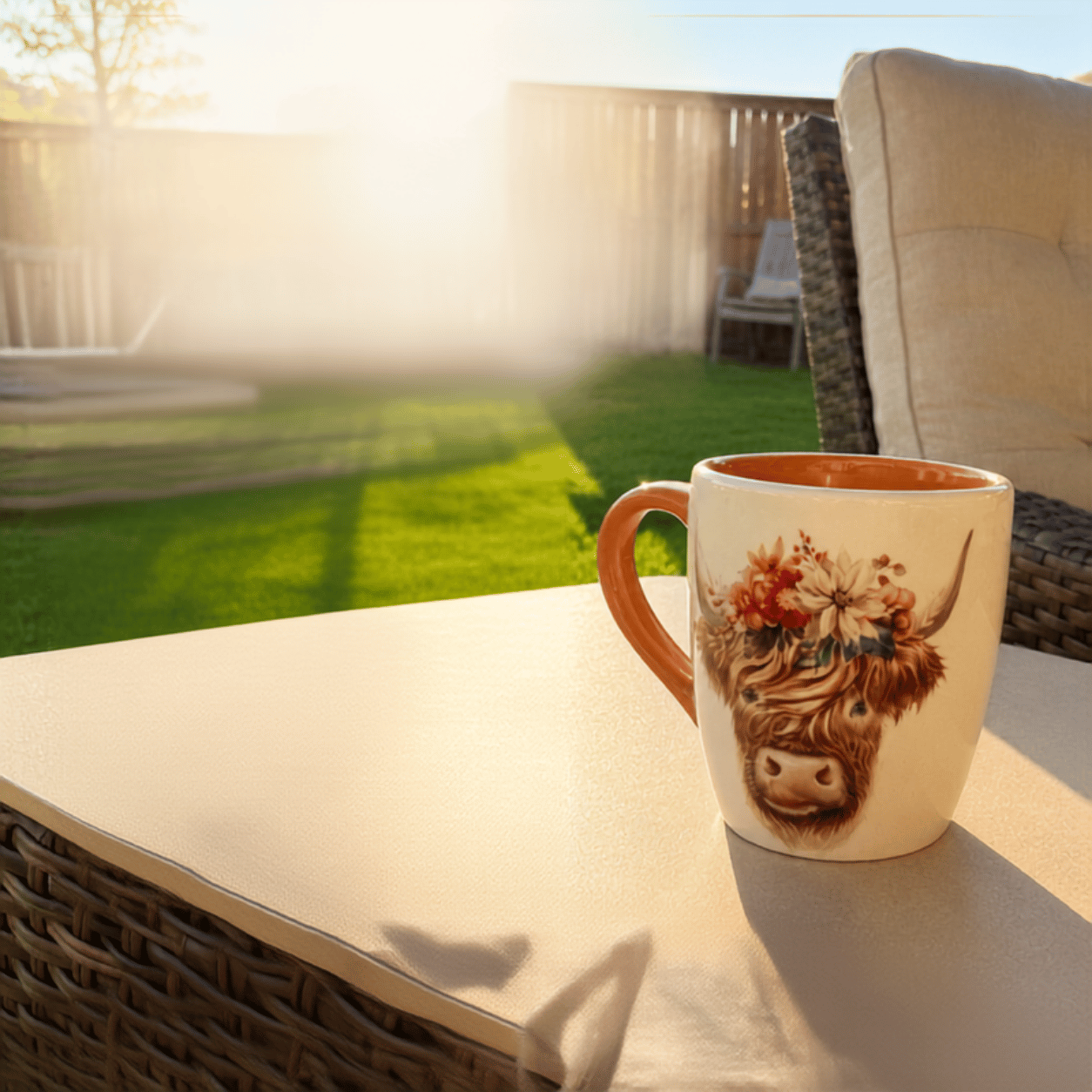 Sheila’s patio at golden hour — a floral highland-cow mug on a cushioned wicker table, with green lawn and a wooden fence behind.