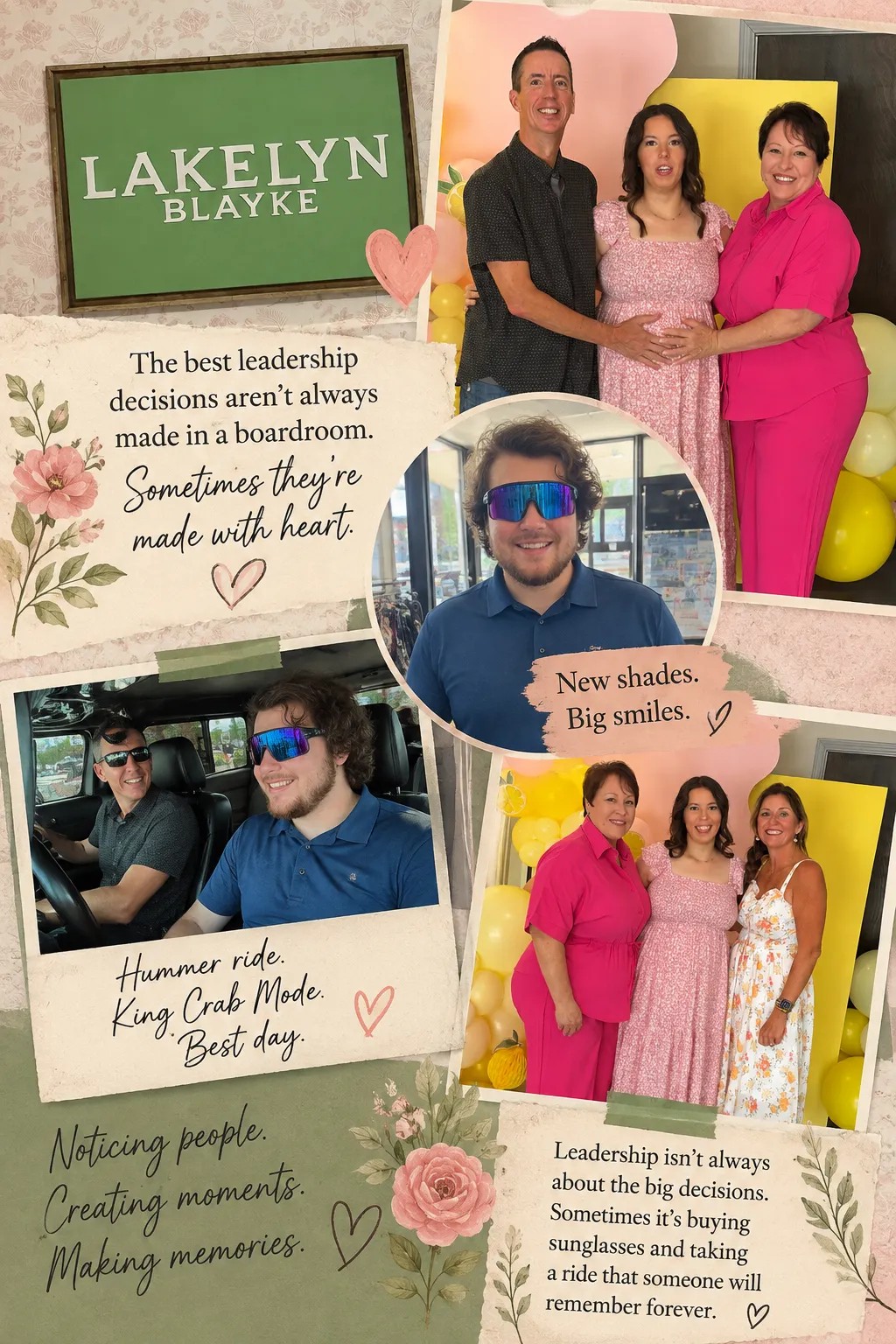 Photo collage from the day: the Lakelyn Blayke nursery sign, Sheila and Dave with Ayden at the baby shower, Nathan wearing his new sunglasses, Nathan riding shotgun in the Hummer beside Dave, and family gathered by the lemon-themed balloon arch.