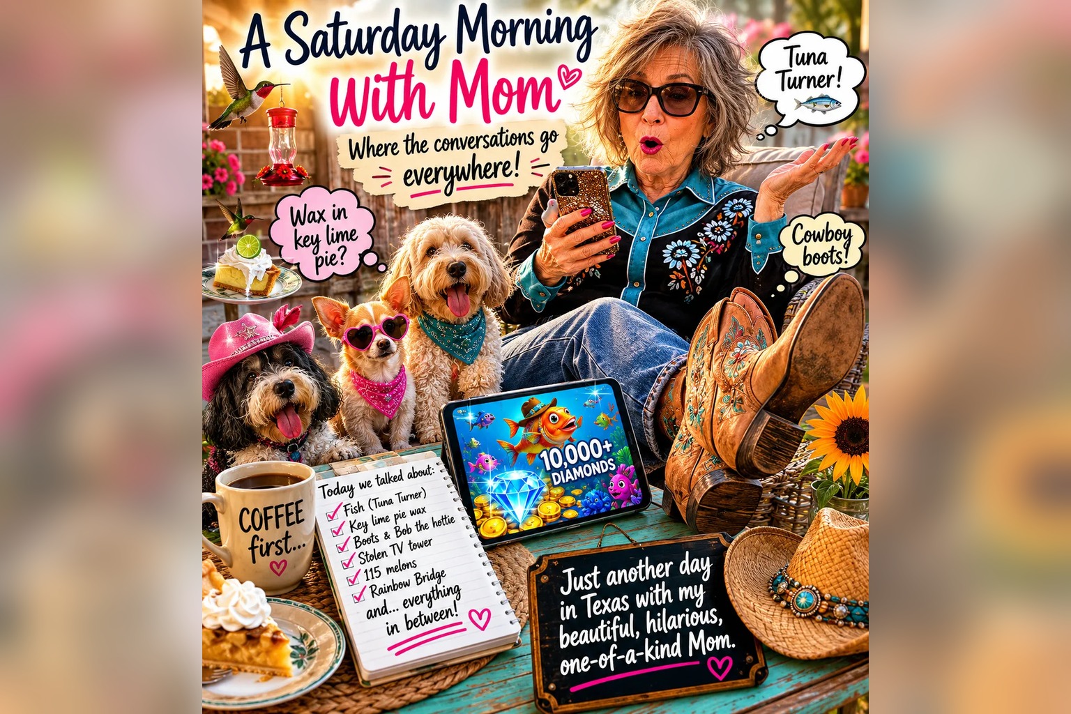 A colorful illustrated collage titled A Saturday Morning With Mom. Mom sits on a sunny Texas patio in a floral western shirt and cowboy boots holding her phone, surrounded by three doodles in pink hats and bandanas, hummingbirds at a feeder, coffee, key lime pie, a sunflower, a tablet showing a fishing game, and a notepad listing the morning's topics.