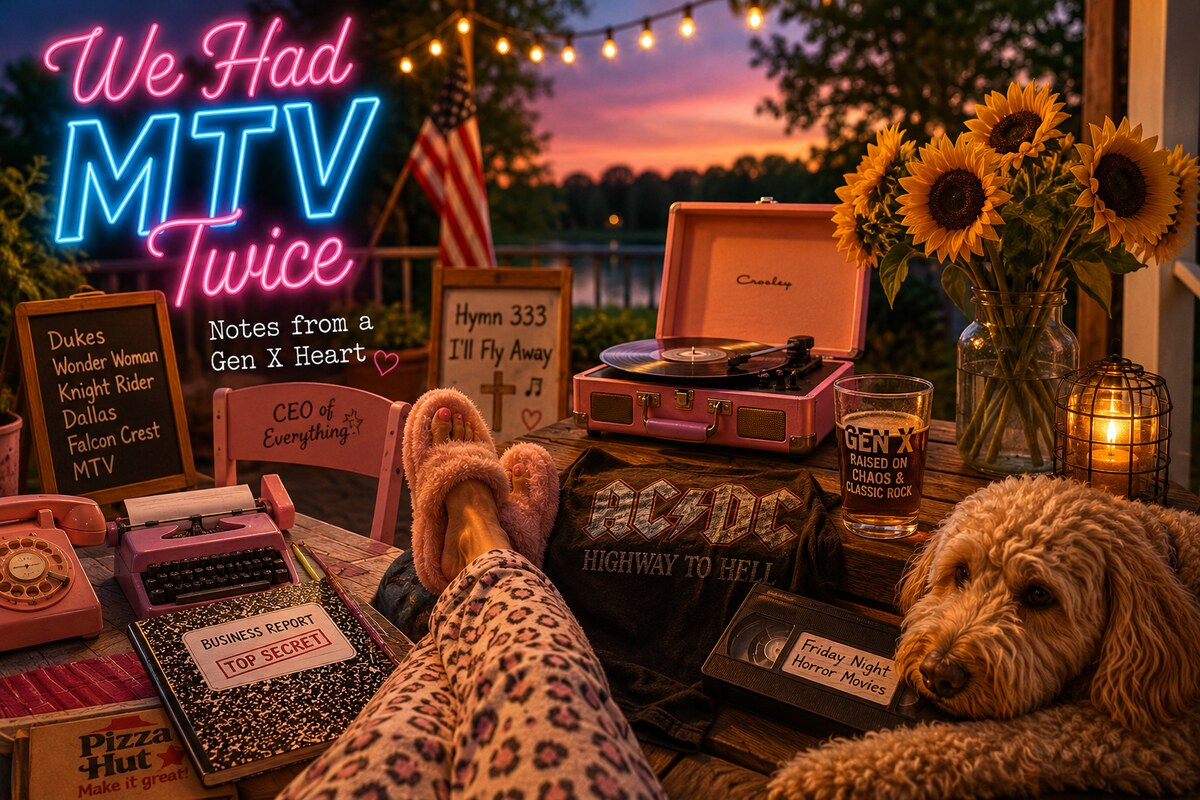 A nostalgic Gen X patio scene with a pink record player, rotary phone, typewriter, sunflowers, an AC/DC shirt, and a VHS tape.